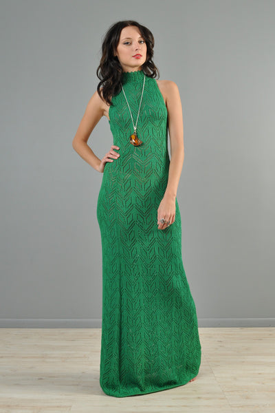 Emerald Green 1970s Graphic Knit Maxi Dress with Keyhole Back