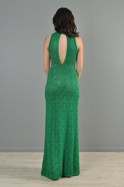 Emerald Green 1970s Graphic Knit Maxi Dress with Keyhole Back