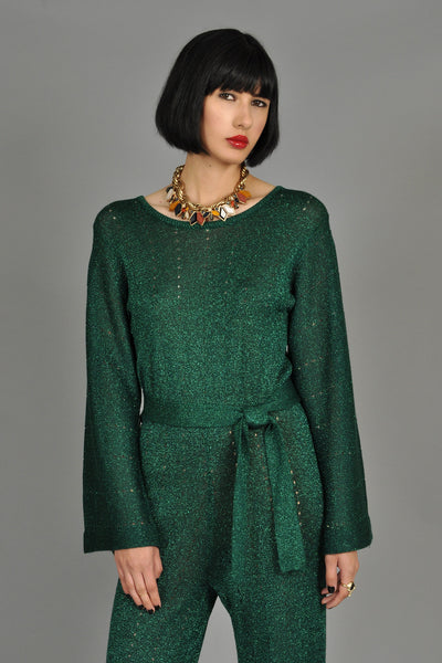 Evergreen Metallic Knit Jumpsuit with Bell Sleeves