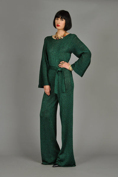 Evergreen Metallic Knit Jumpsuit with Bell Sleeves