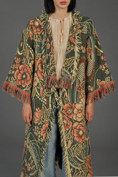 Arts + Crafts Floral Blanket Coat w/ Fringe