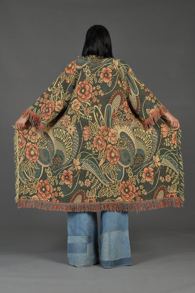 Arts + Crafts Floral Blanket Coat w/ Fringe