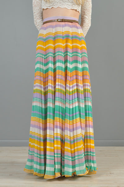 Rainbow Striped 1970s Pleated Gauze Maxi Skirt