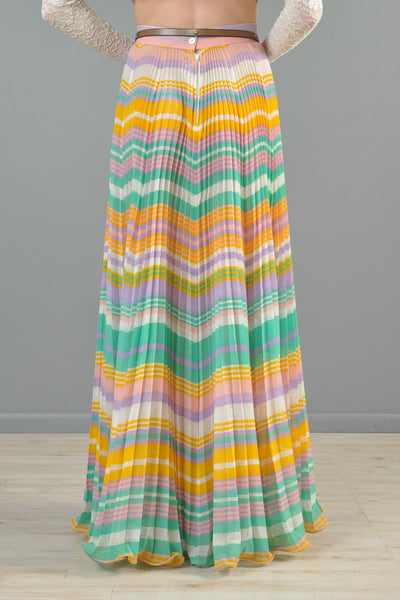 Rainbow Striped 1970s Pleated Gauze Maxi Skirt