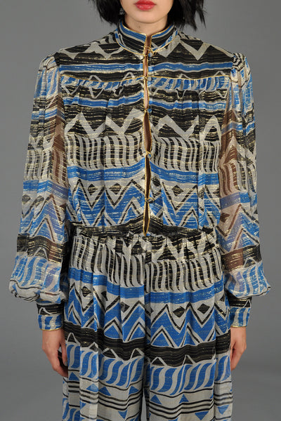 Graphic Sheer Silk + Lurex Aztec Print Jumpsuit