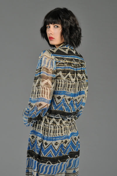 Graphic Sheer Silk + Lurex Aztec Print Jumpsuit