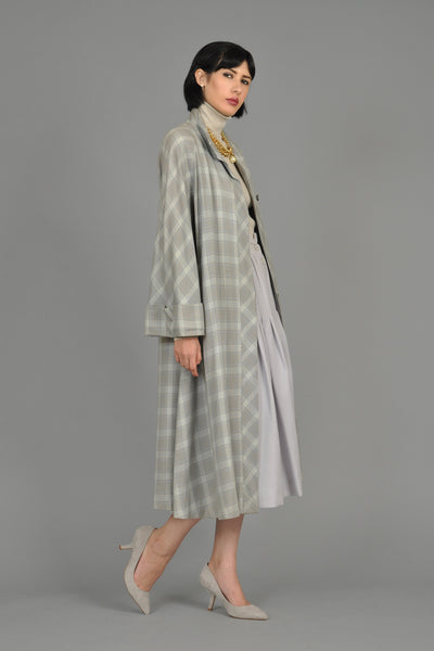 1940s Grey Plaid Swing Coat with Pagoda Sleeves