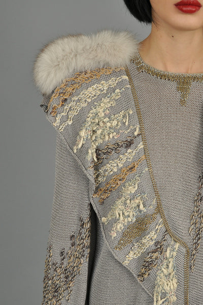 Avant Garde Grey Knit Top w/Fox Fur + Leather Accents