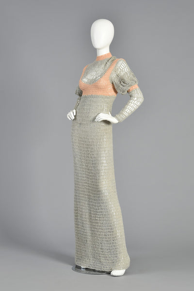 Hand Knit 70s Floor Length Maxi Dress w/Leg of Mutton Sleeves