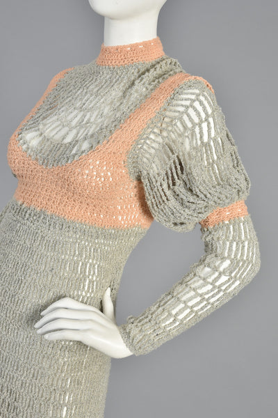Hand Knit 70s Floor Length Maxi Dress w/Leg of Mutton Sleeves