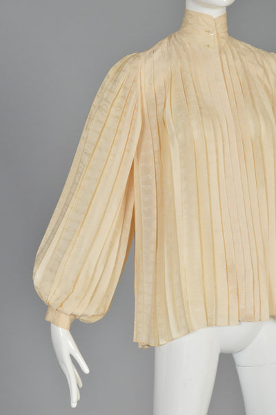 Vintage Gucci Ivory Pleated Silk Trapeze Blouse with Blouson Sleeves