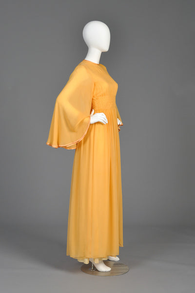 Hanae Mori 1970s Angel Sleeve Silk Chiffon Gown