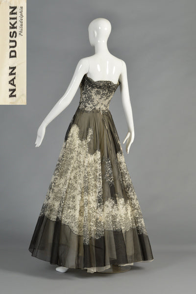 Showstopping 50s Nan Duskin B+W Organza + Lace Gown