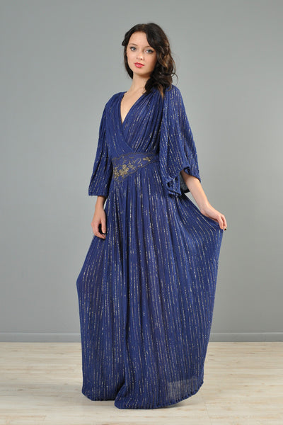 Midnight Blue + Metallic Gold 1970s Kimono Sleeved Palazzo Jumpsuit