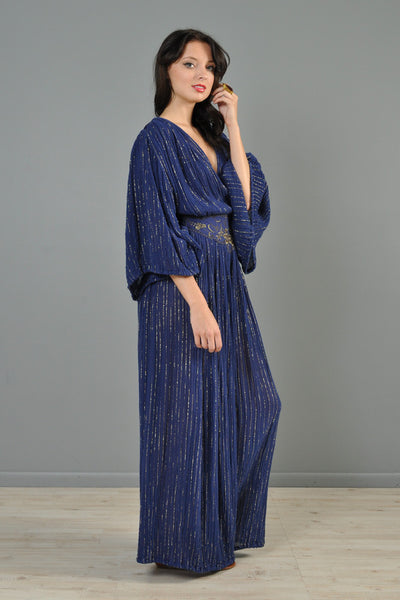 Midnight Blue + Metallic Gold 1970s Kimono Sleeved Palazzo Jumpsuit