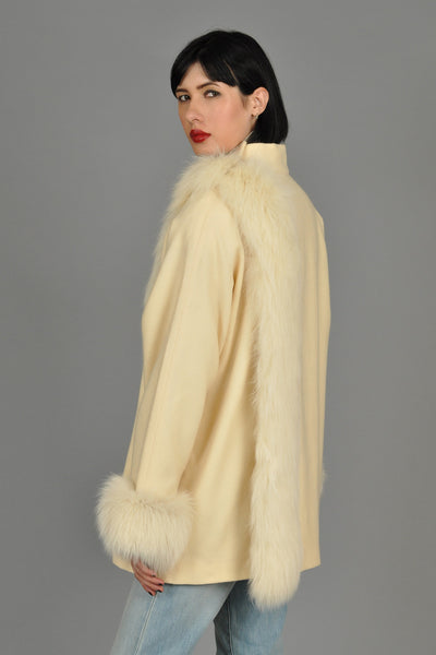 Avant Garde Ivory Wool Draped Coat with Fox Trim