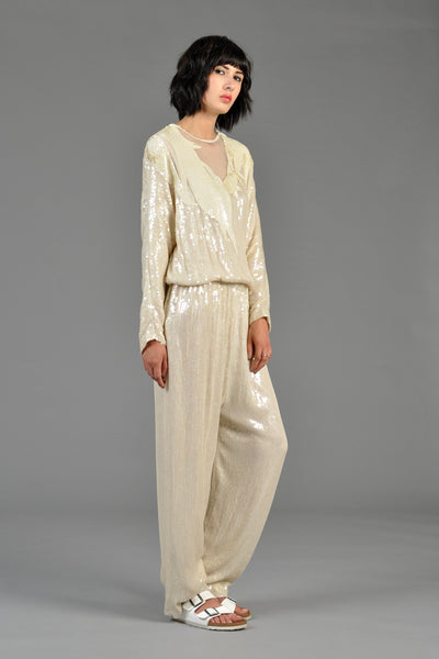 Ivory Sequin Encrusted Draped Silk Jumpsuit
