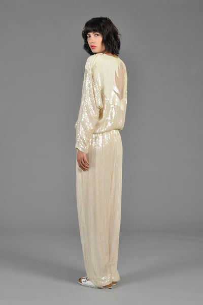 Ivory Sequin Encrusted Draped Silk Jumpsuit