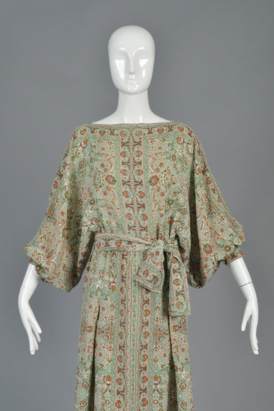 La Mendola 1970s Ethnic Silk Maxi Dress w/Blouson Sleeves