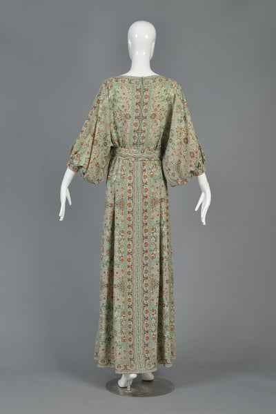 La Mendola 1970s Ethnic Silk Maxi Dress w/Blouson Sleeves