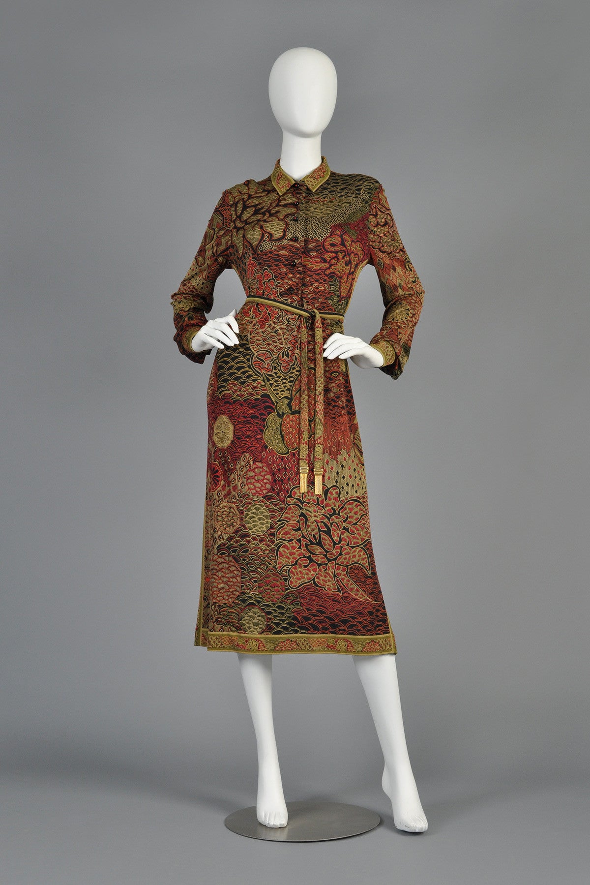 Leonard 80s Silk Jersey Asian-Influenced Dress + Belt