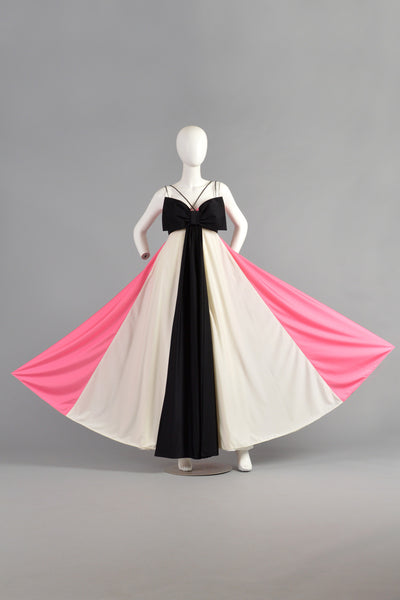 Les Wilk 1970s Colorblock Evening Gown w/Massive Bow