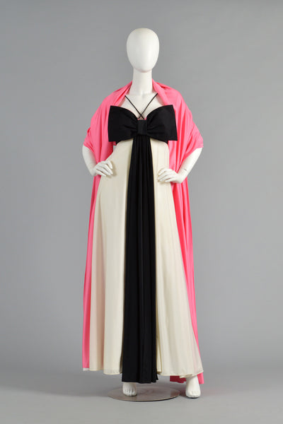 Les Wilk 1970s Colorblock Evening Gown w/Massive Bow