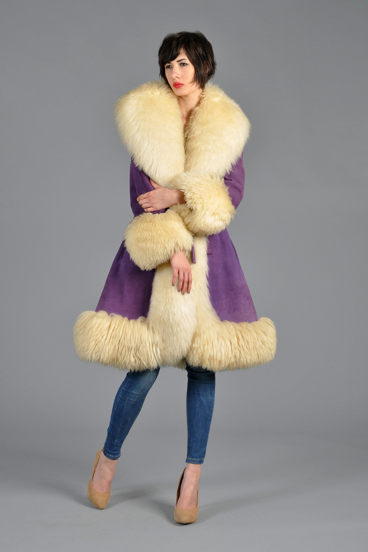 Lilli Ann Purple Suede + Shearling Princess Coat