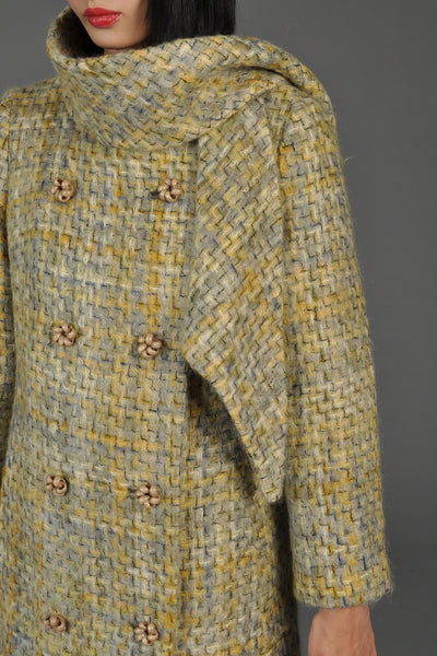 Lilli Ann Tweed Wool Coat w/Twisted Buttons + Scarf