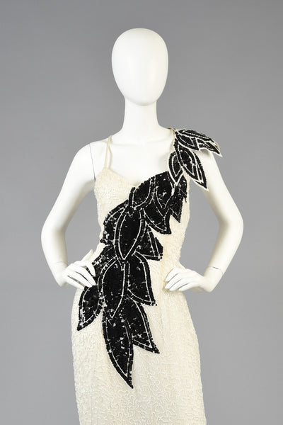Lillie Rubin B+W Beaded Gown w/Architectural Leaves