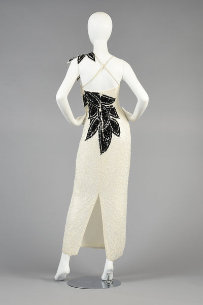 Lillie Rubin B+W Beaded Gown w/Architectural Leaves