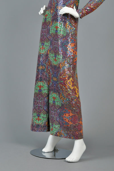 Malcolm Starr 1970s Graphic Sequin Maxi Dress