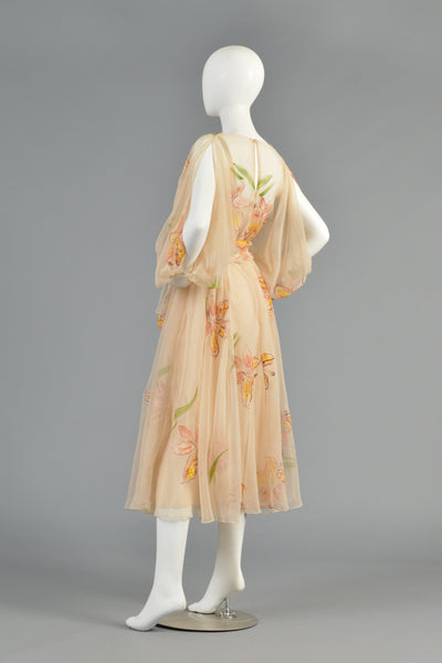 Mignon 70s Hand Painted Floral Chiffon Dress w/Open Sleeves