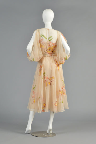 Mignon 70s Hand Painted Floral Chiffon Dress w/Open Sleeves