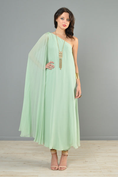 Mint Green 1960s One-Shouldered Silk Chiffon Gown