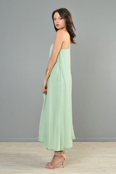 Mint Green 1960s One-Shouldered Silk Chiffon Gown