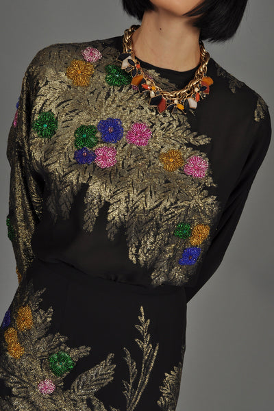 Nolan Miller Gold + Black Brocade Gown w/Beaded Florals