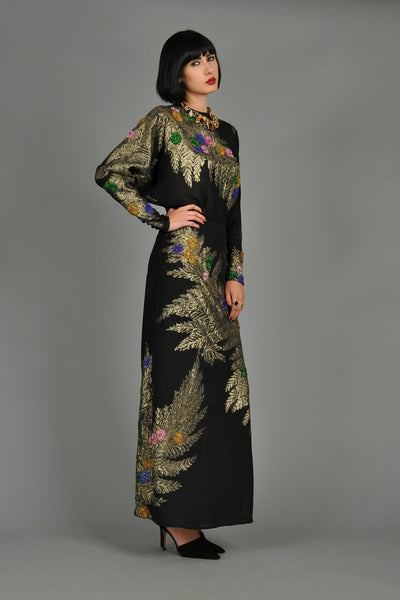 Nolan Miller Gold + Black Brocade Gown w/Beaded Florals