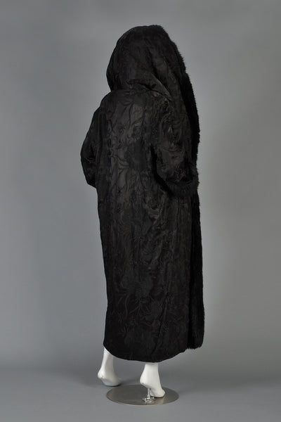 Norma Kamali Embroidered Satin Coat w/MASSIVE Fur-Lined Hood