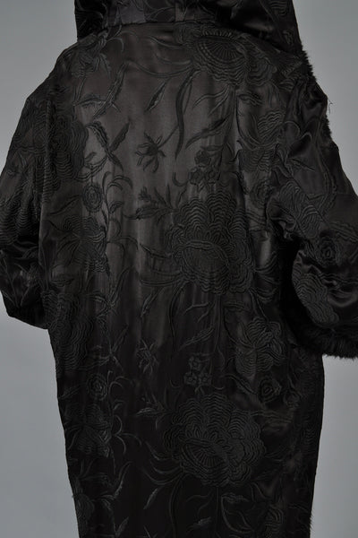 Norma Kamali Embroidered Satin Coat w/MASSIVE Fur-Lined Hood