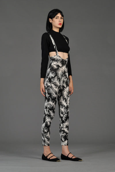 Norma Kamali 80s B+W Feather Suspender Jumpsuit