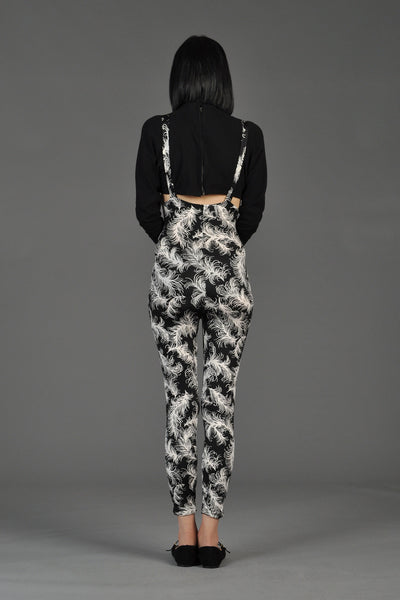 Norma Kamali 80s B+W Feather Suspender Jumpsuit