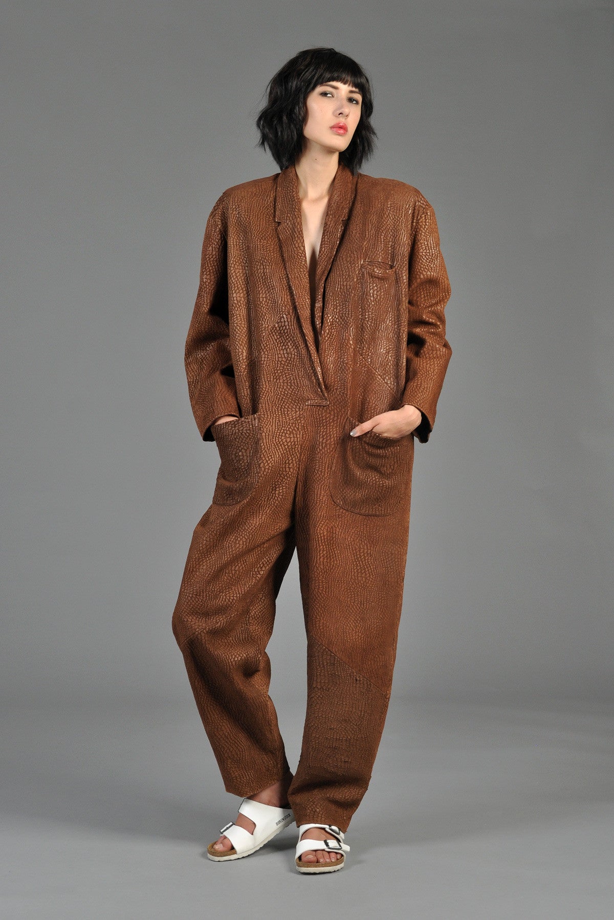 Norma Kamali Early OMO Reptile Patterned Leather Jumpsuit