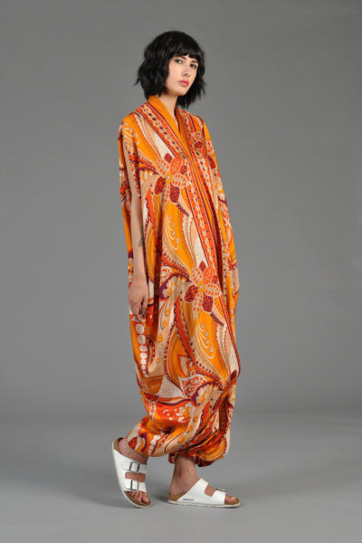 Psychedelic Orange Floral + Paisley Silk Bubble Jumpsuit