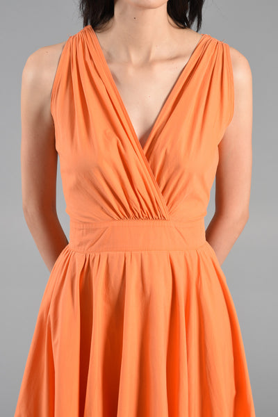Tangerine Cotton Day Dress with Plunging Button Back