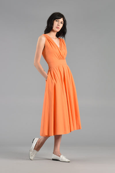Tangerine Cotton Day Dress with Plunging Button Back