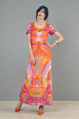 Psychedelic 1960s Ethnic Silk Maxi Gown