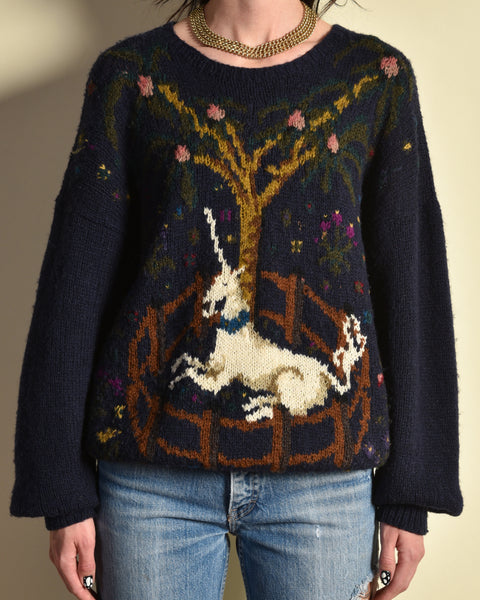 Perry Ellis 1980s Hand Knit Unicorn Sweater
