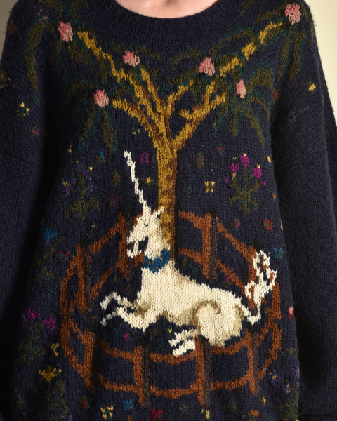 Perry Ellis 1980s Hand Knit Unicorn Sweater