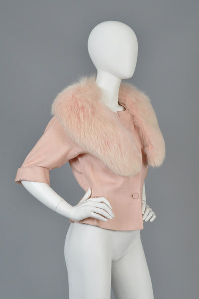 1950s Silk Jacket with Pink Fox Fur Collar